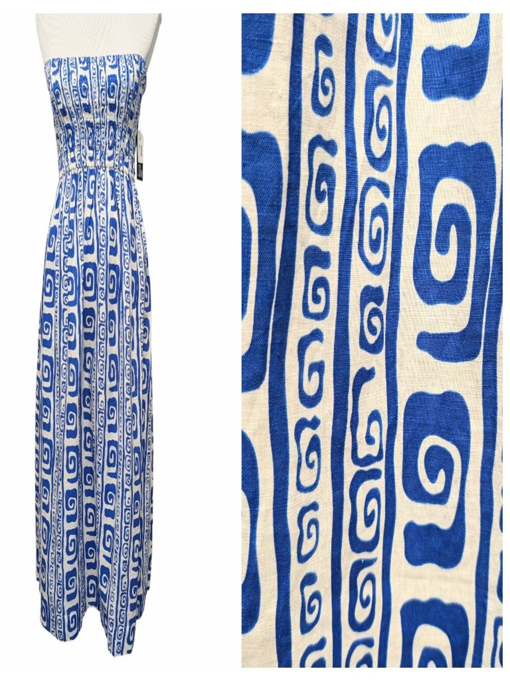 Faithfull The Brand NWT Sz 4 Musee Blue Smocked Strapless Linen Midi Dress